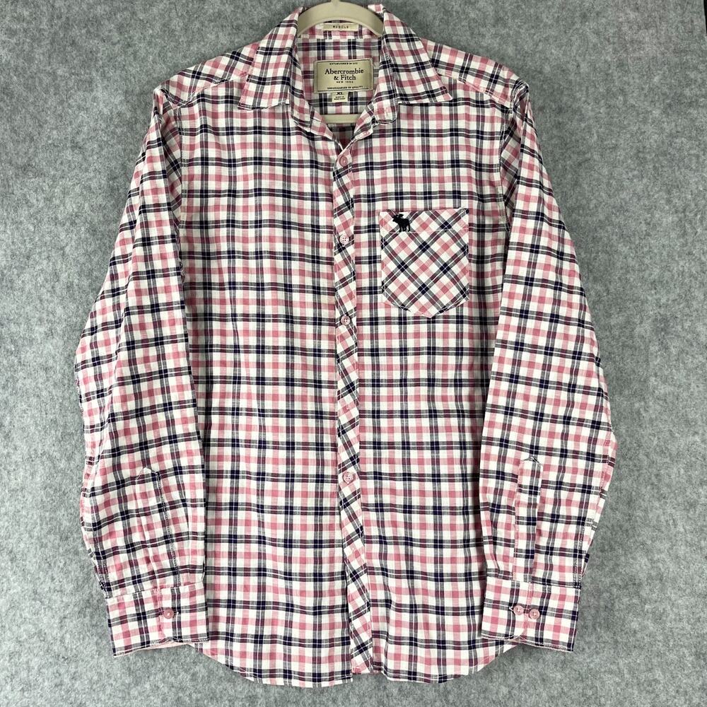 VTG Abercrombie Fitch Muscle Shirt Mens XL Pink Plaid Button Up Moose Gauzy 90s‎